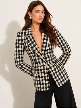 Zara Houndstooth Double-Breasted Blazer – Black & White Gold Button Jacket NWOT